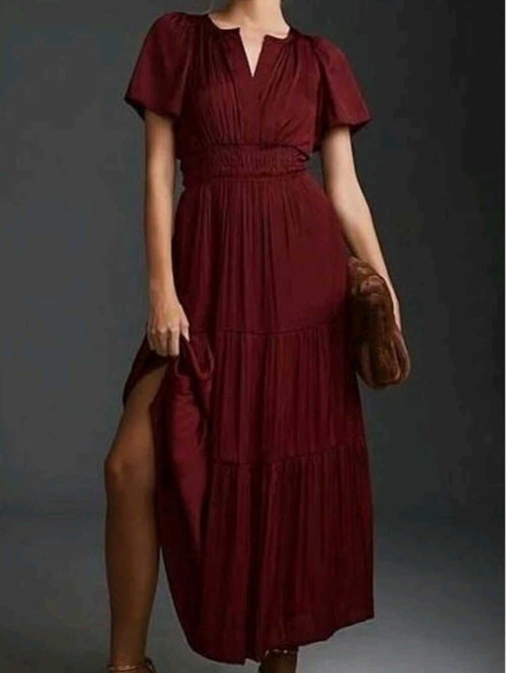 Anthropologie Somerset Maxi Dress Wine Tiered Dress Size Large Smocked Satin